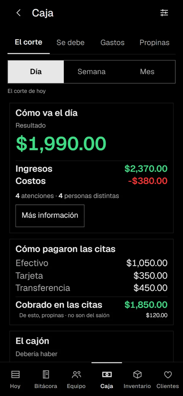 Caja, el corte del día: el resultado, ingresos y costos, cómo pagaron las citas y lo que debería haber en el cajón.
