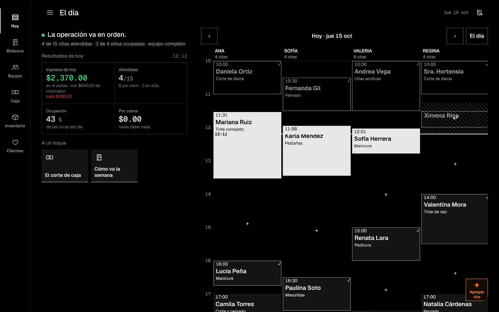 En la computadora: a la izquierda el resumen del día con ingresos, atendidas y ocupación; a la derecha el calendario con las citas de cuatro estilistas, de 10:00 en adelante.