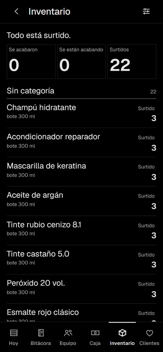 Inventario: se acabaron, se están acabando y surtidos, con la lista de productos y sus existencias.